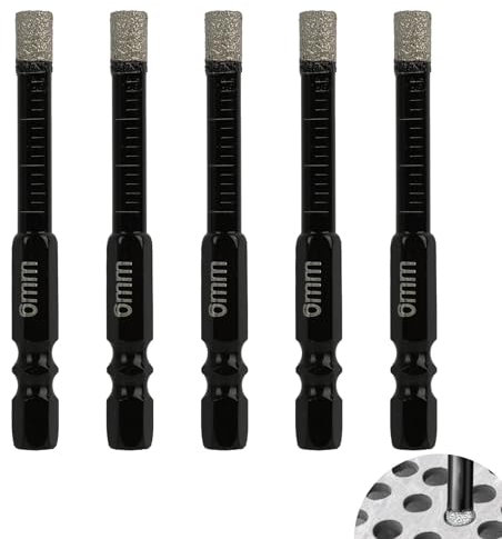 Set di 5 punte diamantate da 6 mm con attacco esagonale, con cera refrigerante per piastrelle in porcellana, marmo, ceramica, pietra, granito, vetro, cemento, piastrelle
