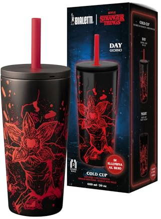 Bialetti Tumbler Termico Stranger Things, Tappo con Cannuccia, Si illumina al buio, Perfetta tenuta della temperetura, no Lavastoviglie, 600 ml