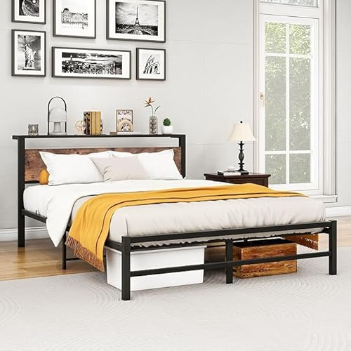 Double Bed Frame with Storage Wooden Headboard Shelf,Metal Platform Wooden 4ft6 Bed Frame Double Bed,No Box Spring Needed,Mattress Base,Reinforced Strong Metal Slats,Noise Free,Black+Brown