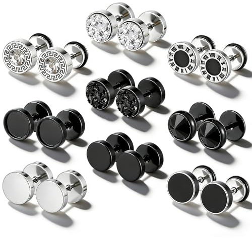 HJZHII 9 Pairs Fake Gauge Earrings, Stainless Steel Stud Earrings Round Faux Gauges Earring Piercings Cheater Plug Earring Faux Tunnels Flat Back for Men Women