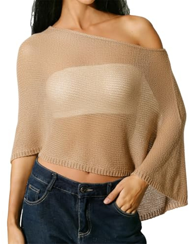 ZUIMEIHQH Sheer Poncho for Women, Poncho Asymmetric Tops Trendy Lightweight Summer One Shoulder Loose Boho Beach Vacation Cape Top Crop