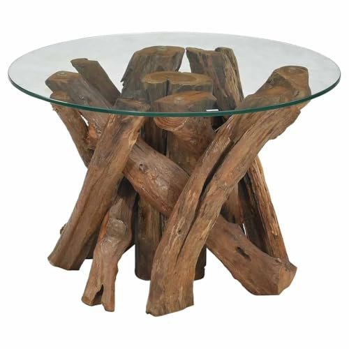 vidaXL Teak Treibholz Massivholz Couchtisch Beistelltisch mit Glasplatte 60cm