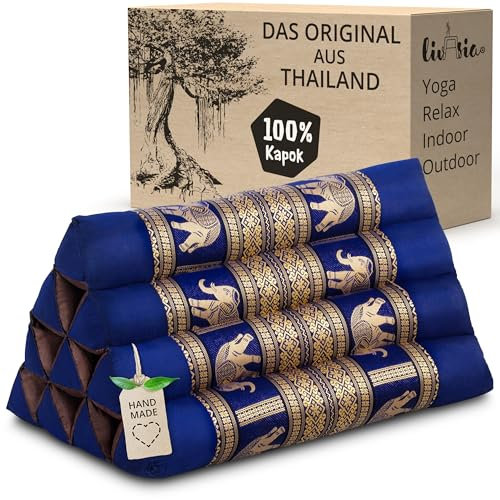 livasia Rückenstützkissen Thaiseide - 32x55x30cm - Dreieckskissen für Garten und Balkon, Keilkissen mit Kapok, handgefertigt, Meditationskissen (Blau/Elefanten Seide)