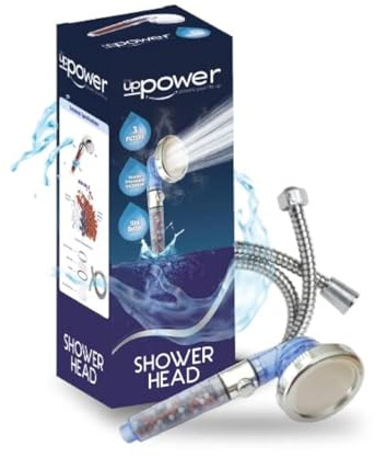 the UPPOWER powers your life up Shower Head and Hose - Ionic Filtered High Pressure Heads - 3 Modes Adjustable Stop Button Water Saving - to Increase, Showerhead 2, ‎Transparent