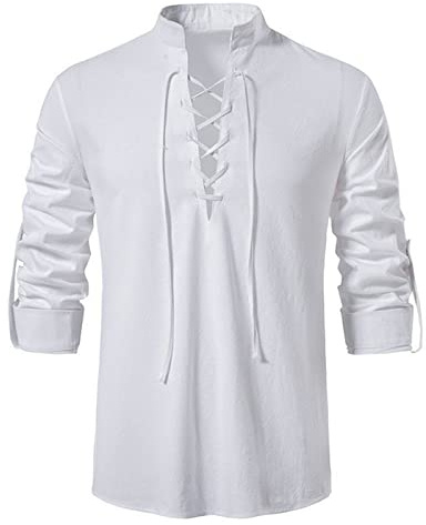 NIBESSER Camisa Medieval Hombre Manga Larga de Lino Con Cuello Mao - Elegante Casual Retro Con Cordón Transpirable para Piratas Hippie, Blanco, M
