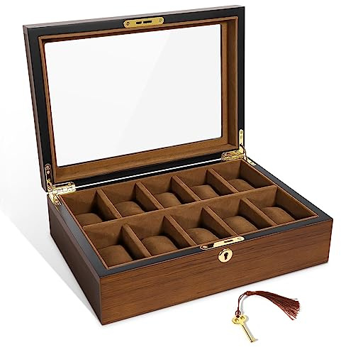 Uten Watch Box with 10 Slots, Watch Case Organizer with Golden Lock and Key, Wooden Watch Display Storage Box with Removable Watch Cushions, Velvet Lining, Metal Clasp, Gift for Men & Women