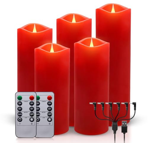 ALED LIGHT Recargable sin llama Vela, Intermitente Realista, Vela roja Led usb columna vela con control remoto, ideal para la decoración del hogar regalo creativo, pack 5