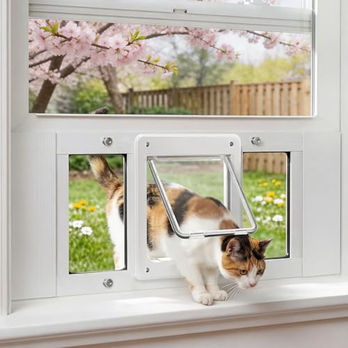 Full-Size Window Pet Door for Cats & Small Dogs, Fits 24-28 Width Sliding Windows, Easy to Install, No-Damage Cat Door for Window, Magnetic Closure Cat Door Window Insert, Weatherproof Cat Door