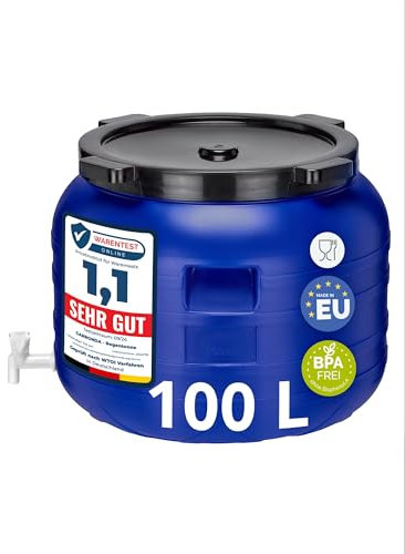 Garronda 100 litros Barril de Boca Ancha BPA-Libre con Grifo, Universal para Alimentos, Barril de Agua de Lluvia con Tapa, Barril para Jardines GD-0092, Azul