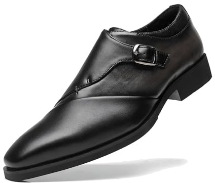 SANNAX Zapatos Formales Hombre de Material Sintético Premium - Calzado de Vestir con Hebilla para Bodas, Eventos y Negocios (Textura de Cuero), Negro, 45 EU