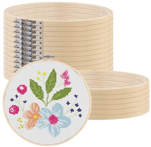 SINJEUN 20 Stück 13 cm Stickrahmen, Bambus Kreis, 5 Zoll Holz Kreuzstich Rahmen Rund Klein für DIY Hanwerk, Deko