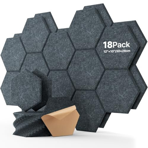 Hexagon - Paneles acústicos autoadhesivos (18 unidades, espuma acústica, aislamiento acústico de alta densidad, para decoración de pared y tratamiento acústico, 30 x 26 x 0,9 cm), color blanco