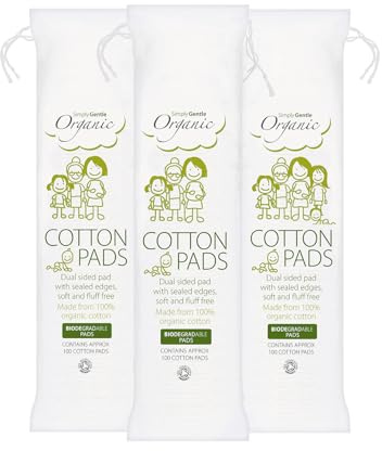 Simply Gentle Organic Cotton Pads - Perfect for Sensitive Skin - Pure Cotton Pads for First Aid - Free from Odours or Irritants - Round Shape, Disposable - 100 Count (Pack of 3)
