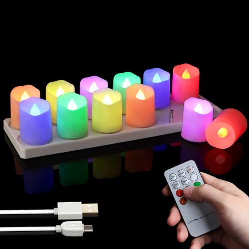FREEPOWER Set di 12 candele LED ricaricabili colorate con stazione di ricarica, cavo USB e telecomando - Timer - Sfarfallio - Dimmerabile - Ø4 x 4,5cm