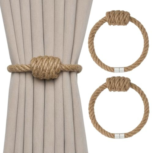 Pretty Jolly 2 Pack Natural Jute Rope Magnetic Curtain Tiebacks Boho Style Drape Tie Backs Elegant Hand Weave Rope Knot Decorative Curtain Holdbacks for Home & Office Window Drapery (Jute)