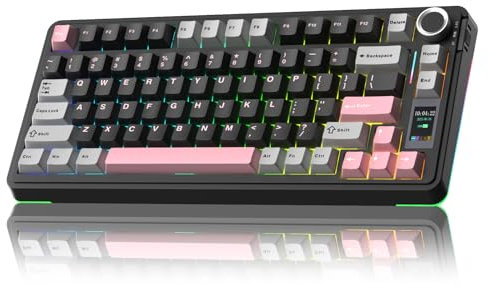AULA S75Pro Wireless Gaming Keyboard 75 Percent,BT5.0/2.4G/USB-C Mechanical Keyboards with Screen & Multifunction Knob,Five-layer Padding,Hot Swap,RGB Backlit,Creamy Keyboard for Win/MAC (Grey Pink)