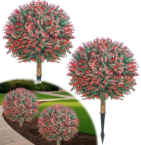 YUGYUM Confezione da 2 alberi di bosso artificiale a sfera, con picchetti, colore rosso