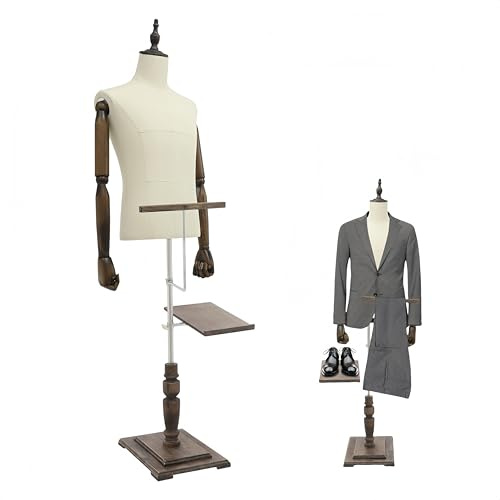 Garbenat mäns skräddardocka 135–180 cm, justerbar höjd, manlig klädform, retro, skyltfönsterdockkropp med massivt träarm, skohållare, träbas, Torso-kläddocka (beige, 180 cm)