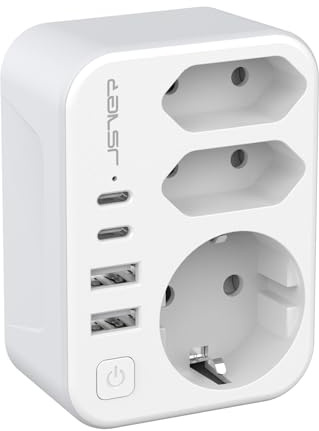 Adattatore da viaggio tipo G JSVER Adattatore per viaggi internazionali con 1 presa Schuko, 2 prese europee, 2 porte USB-A e 2 porte USB-C Per UK, Irlanda, Malesia e Singapore (Bianco)