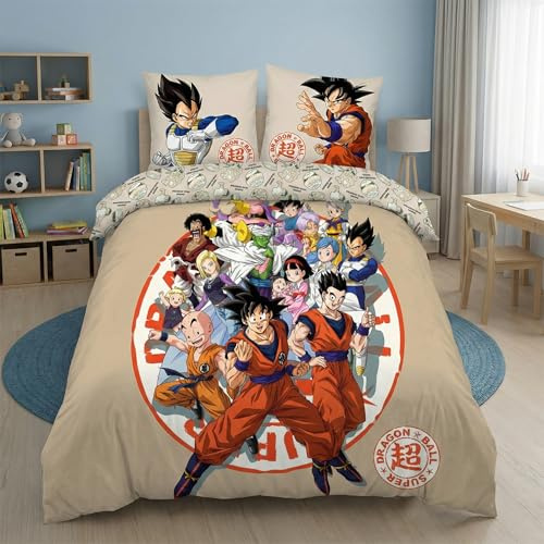 Aymax - Juego de cama doble Dragon Ball Super, 2 personas, funda nórdica reversible de 240 x 220 cm y 2 fundas de almohada de 65 x 65 cm, color beige y polialgodón