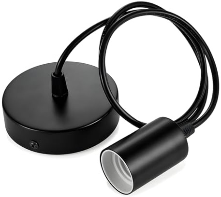 WUSJCOF Lampada Sospensione a una luce, Portalampada E27 in metallo compatibile con paralume, cavo in tessuto regolabile, con anello filettato, ideale come da soffitto o rosone lampadario (nero)
