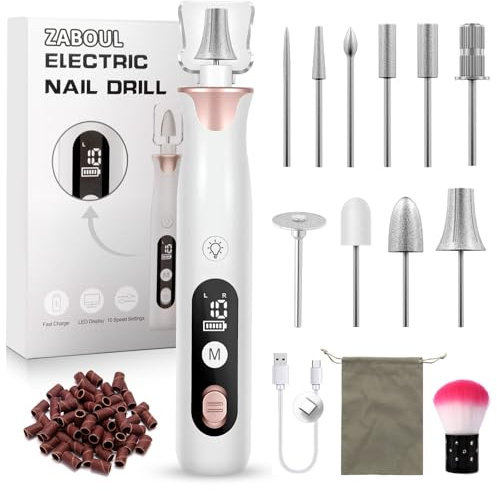 ZABOUL Electric Nail Drill Kit Cordless Professional Manicure Pedicure Nail File Buffer for Acrylic Nails Gel Polishing Removing Manicure Salon Home with Nail Drill Bits Sanding Bands