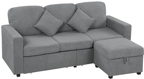 HOMCOM Divano Angolare 3 Posti Divano ad Angolo Modulare in Velluto a Coste 196x139x85 cm con Contenitore Poggiapiedi Rimovibile e Cuscini, Divano a L Reversibile per Salotto Soggiorno, Grigio Chiaro