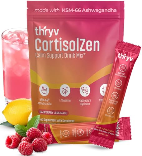 Thryv Cortisol Drink Sachets - Magnesium Powder with KSM-66 Ashwagandha, L-Theanine, Vitamin D3 - Sugar Free Calm Drink for Stress Relief, Focus, Memory & Relaxation - 20 Servings