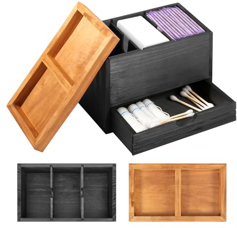 BAODBF Tampongsförvaring badrum 3 fack, förvaringsbox hygienartiklar med lådor och lock, 25 × 15 × 18 cm tamponhållare med justerbar skiljevägg, bindor förvaring trä för flickor, kvinnor, damer