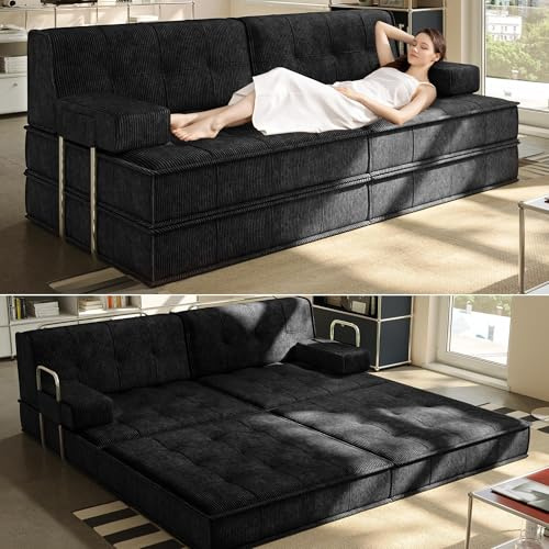 Wumagin Sofá Cama 160cm, Sofá de Suelo Modular de Pana 6 en 1, Sofá Cama 2 Plazas para el Dormitorio y el Salón (Negro)