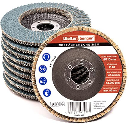 Woltersberger® INOX Fächerscheiben | Ø 125mm | Korn 60 | 10 Stück | Blau für Edelstahl, Metall/Stahl, Holz | Zirkonkoround Schleifmop Lamellenscheiben