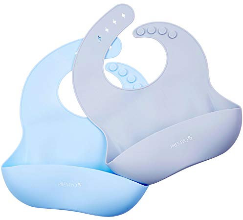 PREMYO 2er Set Baby Lätzchen mit Auffangschale - Abwaschbar Wasserdicht aus Silikon - Weich Verstellbar Blau Grau