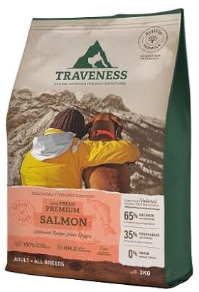 TRAVENESS NATURAL NUTRITION FOR DAILY ADVENTURES - Pienso para Perros Hipoalergénico | Pienso de Salmón sin Cereales | Alta Palatabilidad | Sin Cereales | 12 Kg