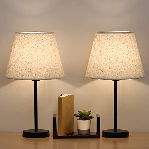 LIANTRAL Nachttischlampen 2er-Set mit E27 Fassung - LED Tischleuchten mit Metallbasis und Leinenschirm, Klassische Tischlampe mit Knopfschalter für Schlafzimmer, Wohnzimmer, Büro - Beige/Schwarz