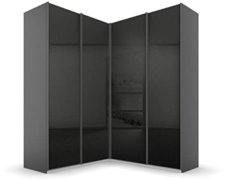 Rauch Möbel Quadra Schrank Eckschrank Schwebetürenschrank, Grau metallic-Hochglanz Effektgrau, Schwarz, 4-TRG., inkl. 2 Kleiderstangen, 12 Einlegeböden, BxHxT 181x229x187 cm