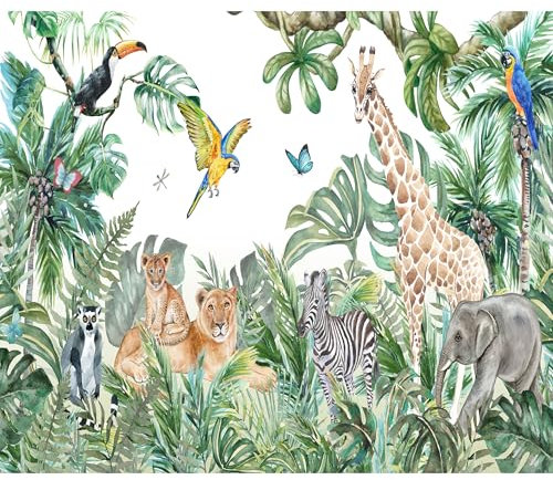 decomonkey - Papier Peint Panoramique Jungle et Animaux 350x256 cm - Décoration murale moderne – Tapisserie décorative pour chambre salon - Art mural unique design tendance