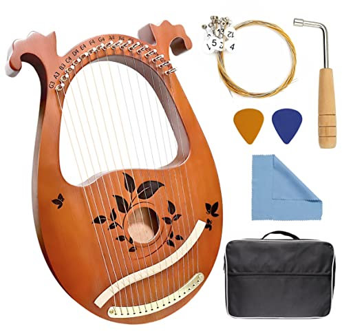 INKNOTE Lyre Harfe Mahagoni mit Stimmschlüssel und 16-teiligem Metall-Ersatzsaiten-Set, manuelle Plektren, schwarze Gigbag für Instrumente, Kinder, Erwachsene, professionelle Anfänger, Musikliebhaber,