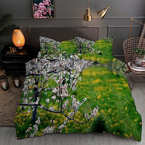 Housse de Couette 90x190 Fleur De PêChe Parure de Lit Colza 1 Personne ImpriméEs Housses de Couettes Microfibre Douceur avec 2 Taies d'oreiller, avec Fermeture ZippéE
