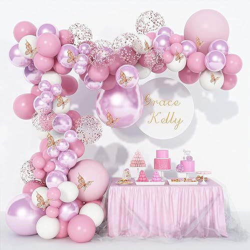 Luftballon Girlande Rosa und Weiß mit Konfetti- und Schmetterlingsschmuck - Set mit Ballon-Tools für Geburtstag - 113 Stück