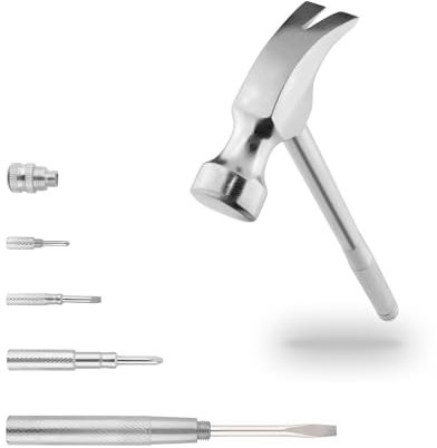 Mini Metal Hammer 6 in 1 with Slotted/Flat Head Phillips Screwdriver Claw Hammer Manual, Portable Multifunction Tool Hammer (Silver)