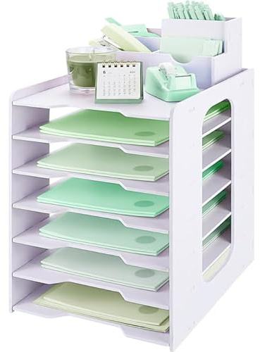 IOUGDSEC Organisateur de bureau avec 7 niveaux, porte-documents avec porte-stylos, format A4, bac à courrier, bac à documents avec tiroir pour bureau, école, maison
