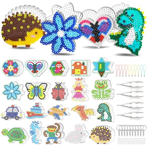 FUNZBO 20x Basi per Perline da Stirare Animali & Motivi - Kit Accessori per Perline 5mm con Pinzette, Portachiavi e Cordini - Regalo per Bambini 6+ Anni e Adulti (Senza Perline)