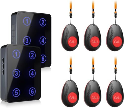 CallTou Wireless Caregiver Pager Call Button Low Battery Reminder Nurse Call System with LED Number Display for Elderly/Patients/Disabled/Home 2 Plug-in Receivers 6 Waterproof Portable Panic Buttons