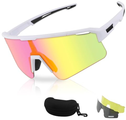 FOCUHUNTER Fashion Sunglasses for Women Men, 3 Interchangeable Lenses Set – Polarized Black Yellow Rainbow, with Hard Carrying Case (Pink Rainbow Lens)
