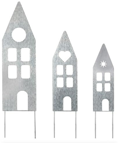 Deko Kind - Verzinkte Häuser 3er Set - Premium Edelzink Qualität - Wetterbeständig - Zink Gartenstecker - Metallhaus - Wanddeko - Zink Deko - Hausdeko - Häuser zum Stecken