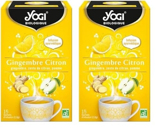 Yogi Biologique Gingembre Citron, Infusion 100% Bio Gingembre, Zeste de Citron et Pomme, 15 Sachets thermosoudés et sans agrafe, 311716 (Lot de 2)