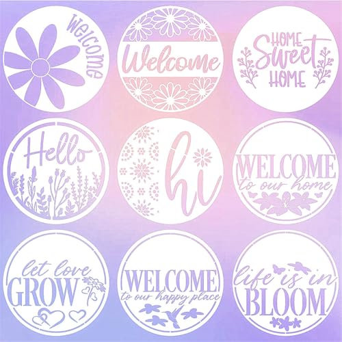 SoulQool 9 Pcs Welcome Stencils for Painting on Wood, 12IN Round Stencils for Painting on Wood,Large Stencils for Crafts Reusable Drawing Templates for Door Hanger, Porch Wood Sign, Welcome Mat