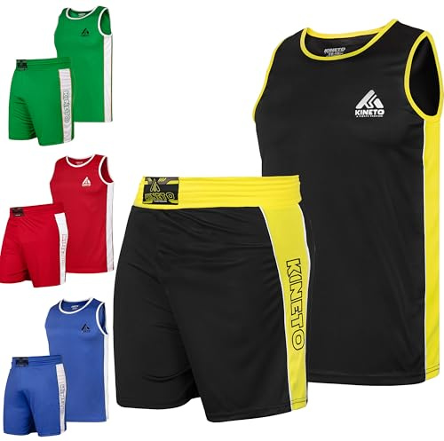 Barn boxningsshorts och väst uniform set (7-16) – finns i blå, svart, röd och grön – premium tränings- och tävlingsutrustning, Svart, 11-12 År