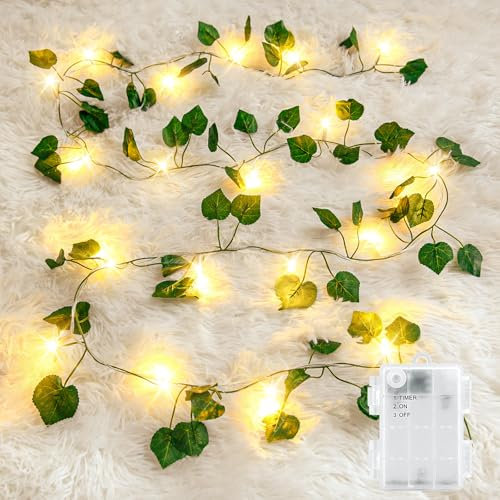 Gcstnn Ivy Fairy Lights, 2M 20LEDs Fake Vines with Lights Battery Operated with 6h Timer, IP65 Waterproof Ivy Leaf Garland Artificial String Lights for Bedroom Wall Garden Decorations