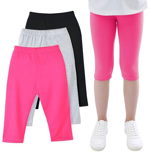 JinBei Niñas Legging Capri 3/4 Pantalones Verano 8-9 años, Negro Gris Rosa